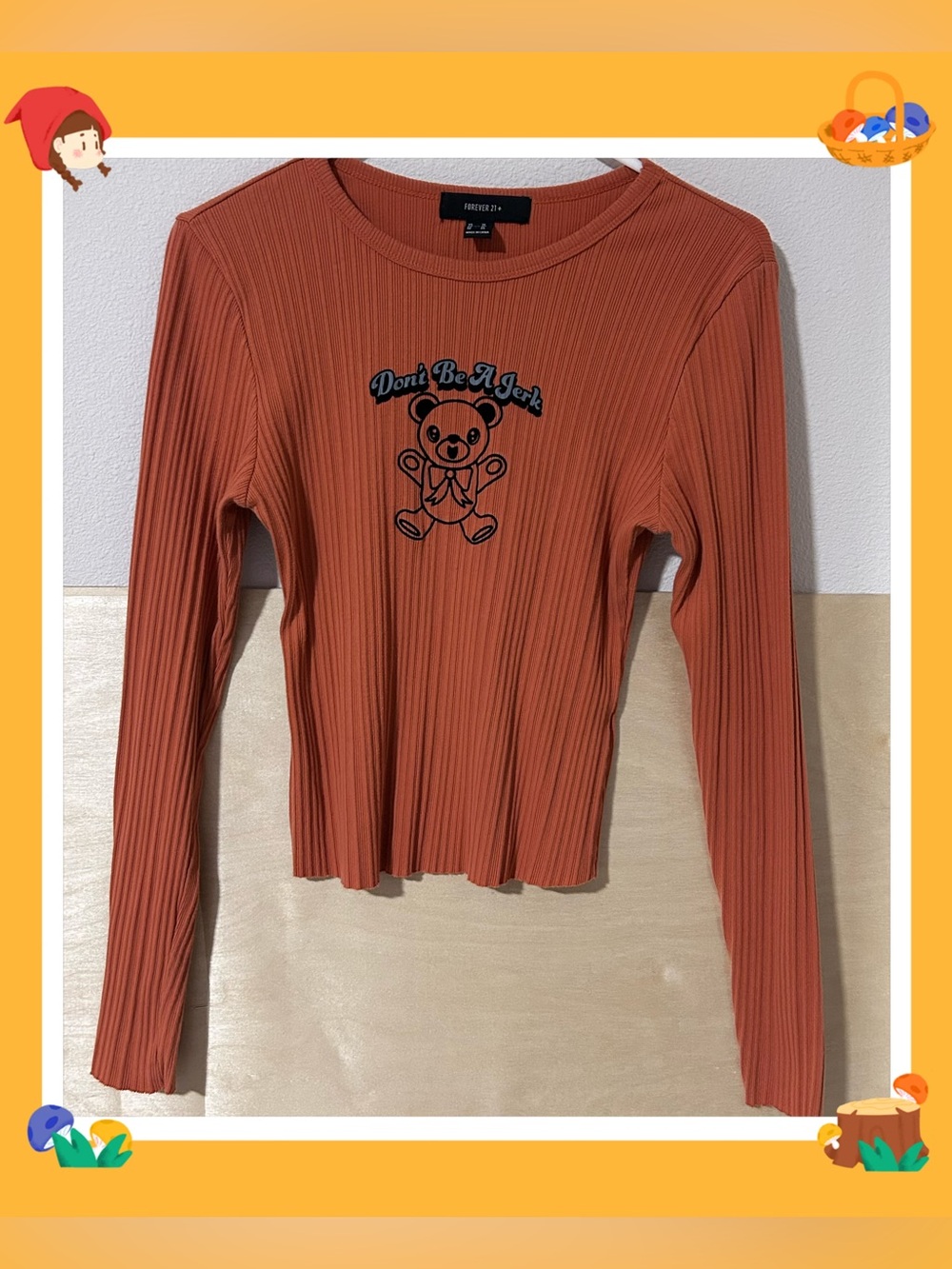 Forever 21 Plus Teddy Bear Graphic Long Sleeve Ribbed Tee Orange Sz 1X